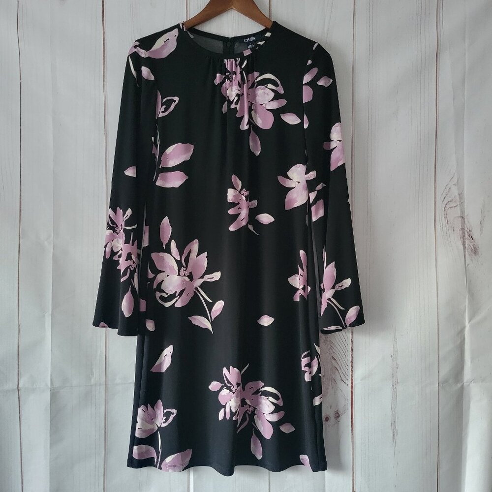 Chaps Long Bell Sleeve Black/Purple Floral Print Midi Dress, M, Zip-up Back, EUC